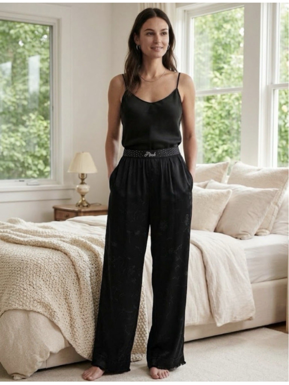 PINK VICTORIA'S SECRET S SMALL BLACK RHINESTONE SILKY SATIN SLEEP PANTS NEW